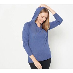 Denim & Co Sweater sz M Honey Knit Hooded Split Neck Indigo Blue A463329